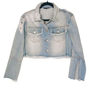 FASHION NOVA Light Blue Wash Denim Distressed Cropped Small Jacket